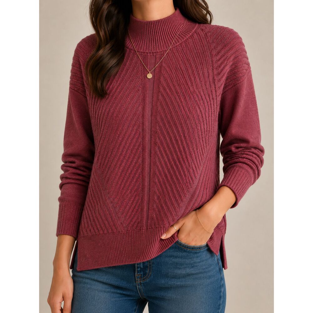PrAna Burgundy Ribbed Mock Neck Sweater 100% Organic Cotton M Boho Cozy Knit